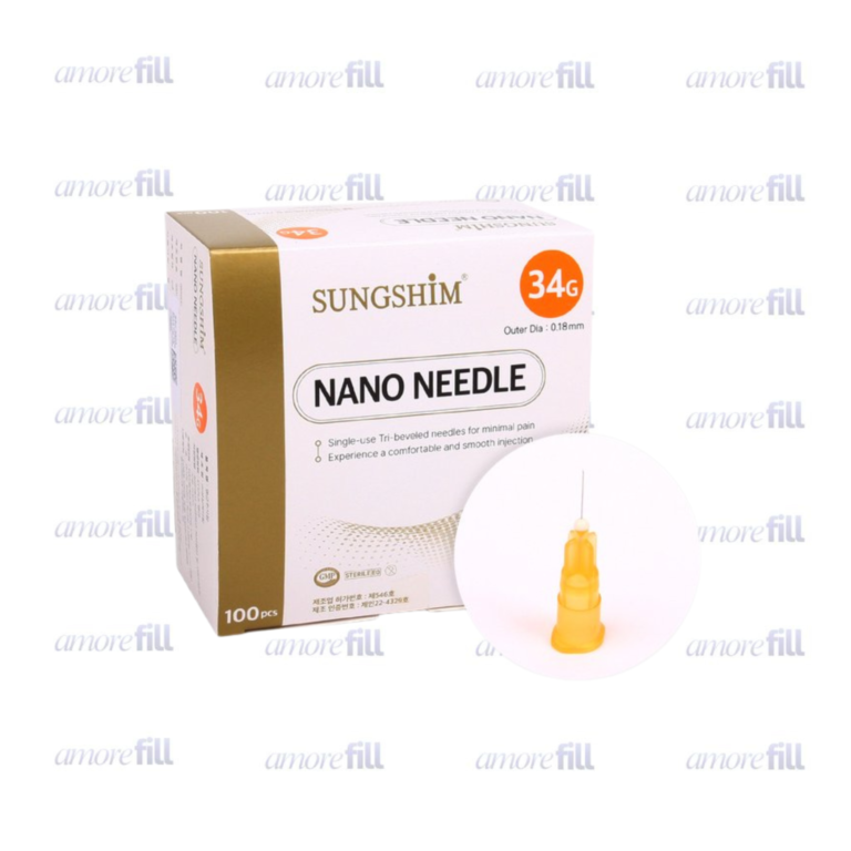Sungshim Nano needle 34G These sterile hypodermic needles are the perfect choice for injections with minimal discomfort or pain and reduced swelling. Developed through a combination of craftsmanship and advanced technology, these ultra-thin needles aim to lessen patient pain, bleeding, and edema during procedures. Indications: Mesotherapy Placenta injection Collagen injection Hyaluronic Acid (H.A.) injection Strengths: Injection with less resistance Minimal pain Less damage to skin tissues Invisible injection marks Easy injection of viscous solutions Reduced pain and swelling Minimal bleeding Packaging: 100 needles /Box The needle diameter is 0.18mm